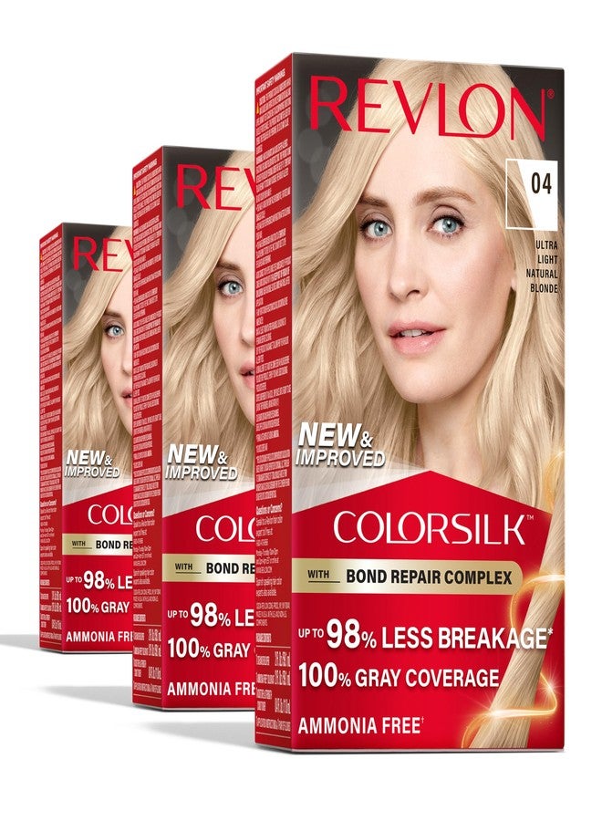 Revlon ريفلون كولور سيلك مع مركب إصلاح الروابط، لون شعر دائم أشقر، تغطية 100% للشيب، صبغة شعر خالية من الأمونيا، كيراتين نباتي، 04 أشقر طبيعي فائق الضوء (عبوة من 3) - Image 1