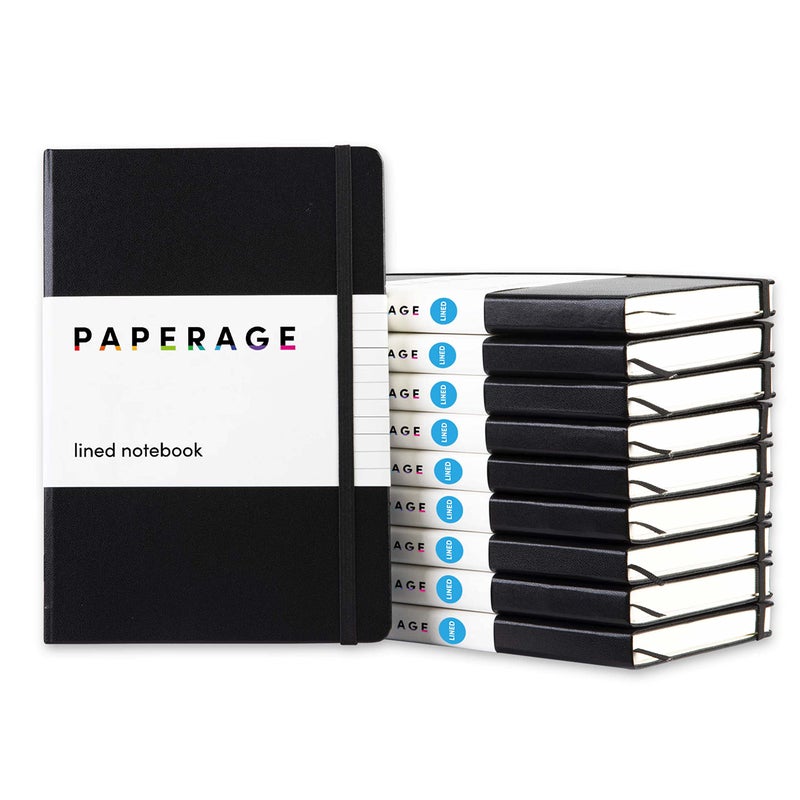 PAPERAGE دفتر ملاحظات PAPERAGE ذو الصفحات المخططة، 10 عبوة، (أسود)، 160 صفحة، متوسط 5.6 بوصة × 8 بوصة - ورق سميك 100 جرام - دفتر ملاحظات بغلاف صلب للعمل، المدرسة وتدوين الملاحظات - Image 1