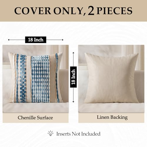 ANRODUO Pack of 2 Boho Decorative Throw Pillow Covers 18x18 Farmhouse Cushion Case Striped Chenille Pillow Cases Coastal Throw Pillows Accent Neutral Pillowcase for Sofa Couch Bed, Sky Blue Stripe - Image 4