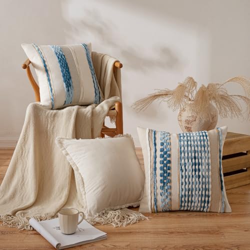ANRODUO Pack of 2 Boho Decorative Throw Pillow Covers 18x18 Farmhouse Cushion Case Striped Chenille Pillow Cases Coastal Throw Pillows Accent Neutral Pillowcase for Sofa Couch Bed, Sky Blue Stripe - Image 2