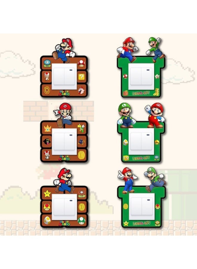 6 Pack Super Mario Light Switch Stickers, Thick Felt Cartoon Mario Luigi Switch Panel Decor, Self-Adhesive Removable Felt Wall Decals, Game Character Switch Cover Frame Fit 8.8×8.8cm Single Switch for Kids Bedroom Game Room Home Decor