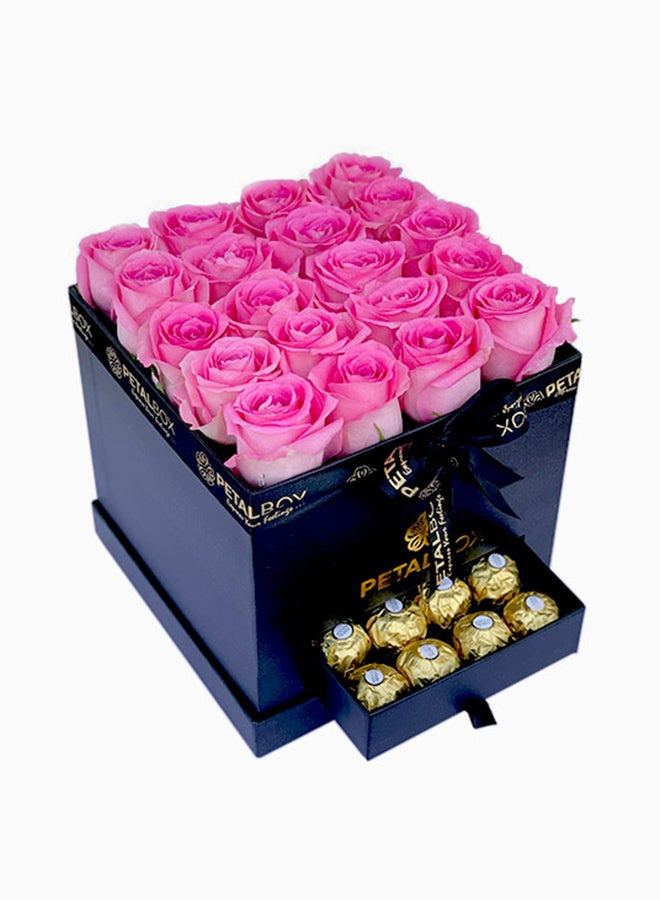 Ferrero Rocher Chocolate 16 Pieces Pink Roses 20 Pieces Black Box Arrangement