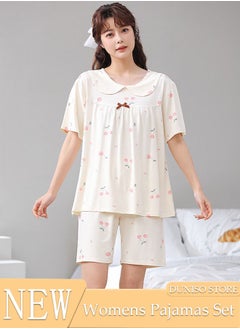 Women's 2pcs Pajama Set Short Sleeve Nightgown Sleepwear Breathable Loungewear Girls Comfortable Round Neck Nightwear Summer Home Wear