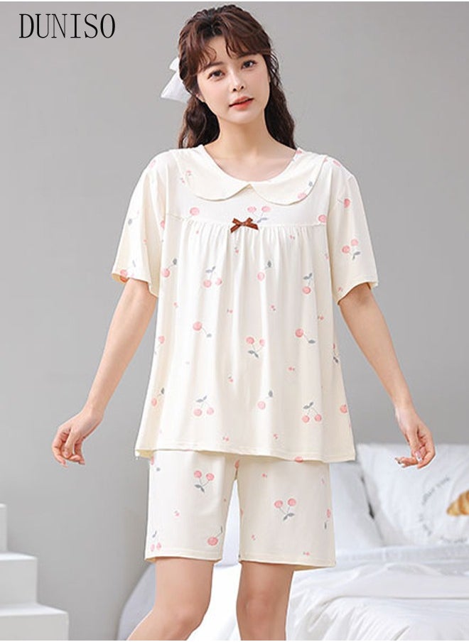 DUNISO - Women's 2pcs Pajama Set Short Sleeve Nightgown Sleepwear Breathable Loungewear Girls Comfortable Round Neck Nightwear Summer Home Wear - Image 1