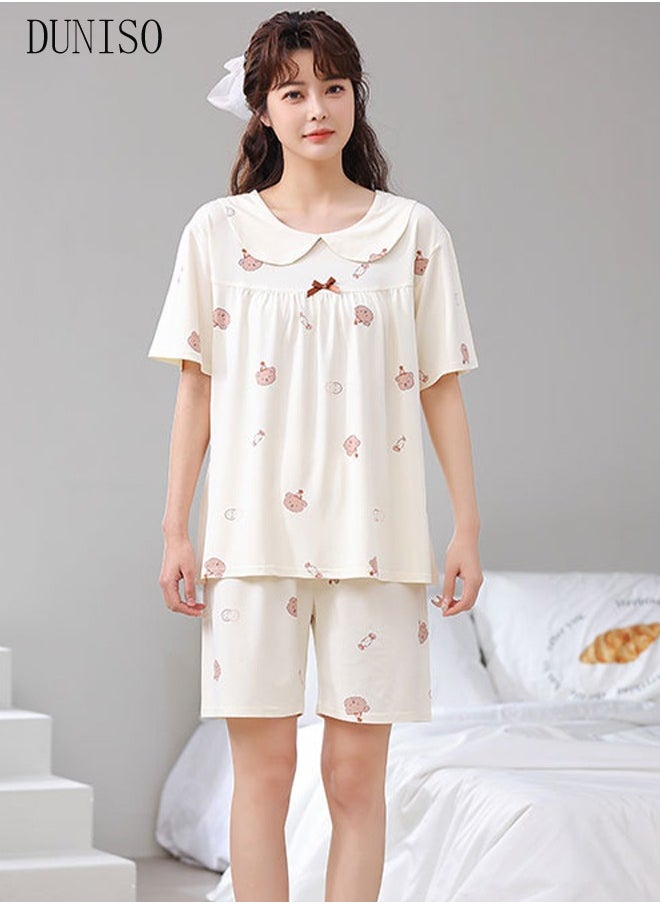 DUNISO - Women's 2pcs Pajama Set Short Sleeve Nightgown Sleepwear Breathable Loungewear Girls Comfortable Round Neck Nightwear Summer Home Wear - Image 1