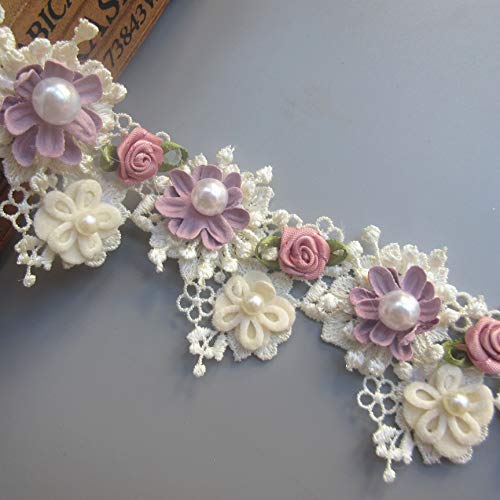 BOGZON 1 Yard Elegant Vintage Style Apricot Polyester Lace Flower Pearl Beads Ribbon Trim in 5.5 cm Width for Wedding Decoration - Image 1