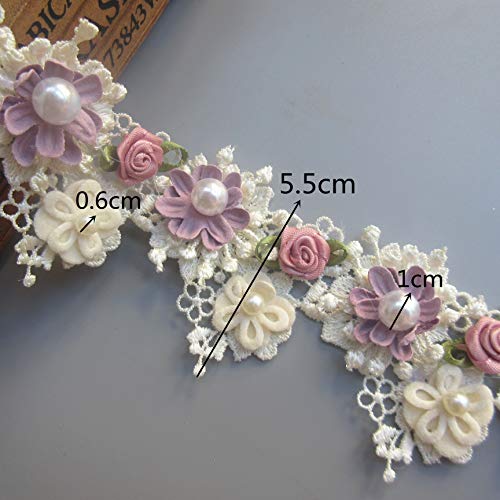 BOGZON 1 Yard Elegant Vintage Style Apricot Polyester Lace Flower Pearl Beads Ribbon Trim in 5.5 cm Width for Wedding Decoration - Image 2