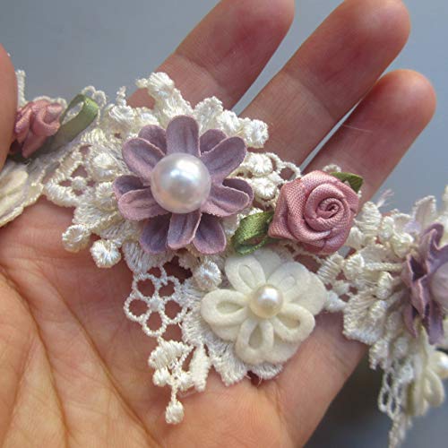 BOGZON 1 Yard Elegant Vintage Style Apricot Polyester Lace Flower Pearl Beads Ribbon Trim in 5.5 cm Width for Wedding Decoration - Image 3