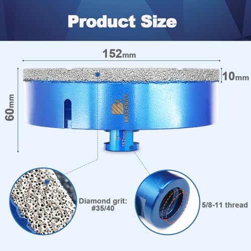 BRSCHNITT 6 Inch Diamond Core Drill Bit for Porcelain Tile Ceramic Marble Granite Drilling,BRSCHNITT 1pc Vacuum Brazed Diamond Hole Saw with 5/8-11 Thread (152mm) - Image 2