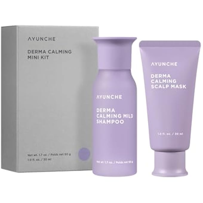 AYUNCHE Derma Calming Vegan Shampoo 1.76oz + Hair Mask 1oz Mini Kit [For Dry & Sensitive Scalp] | Gentle Hydrating Scalp Care | Strengthen Scalp Barrier | Korean Salon Brand
