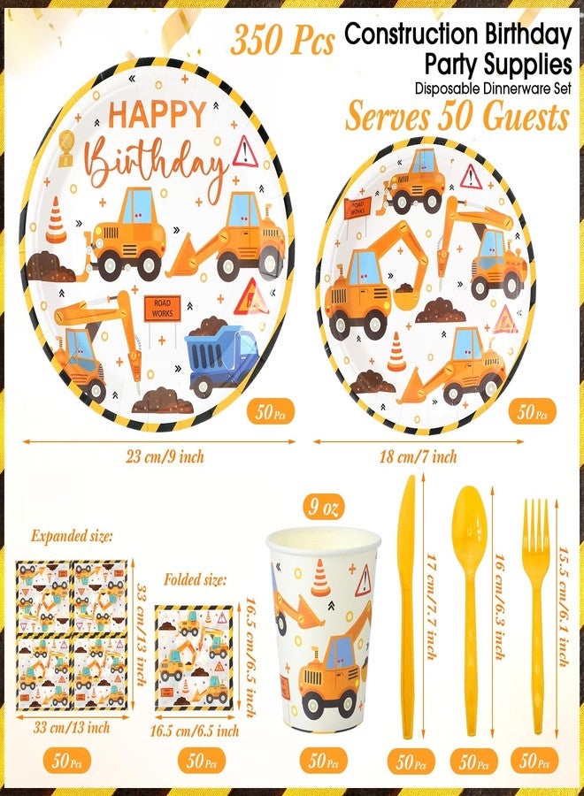 Uiifan 350 Pcs Construction Party Supplies Set Include 100 Plates 50 Paper Cups 50 Napkins 150 Plastic Silverware For 50 Guests Birthday Party Decorations Disposable Dinnerware Set (Dark Yellow) - Image 2