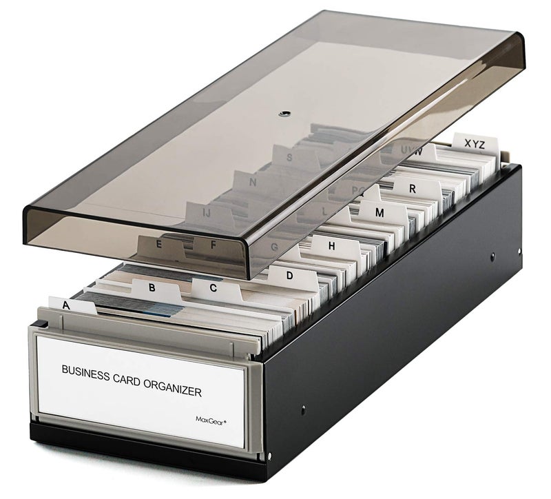 MaxGear Business Card Holder for Desk, Large Plastic Business Card Organizer Box, Credit Cards Holder File Box Storage, Capacity: 800 Cards (3.5â€ x 2.2â€), A-Z Tabs, Metal Structure, Black - Image 1