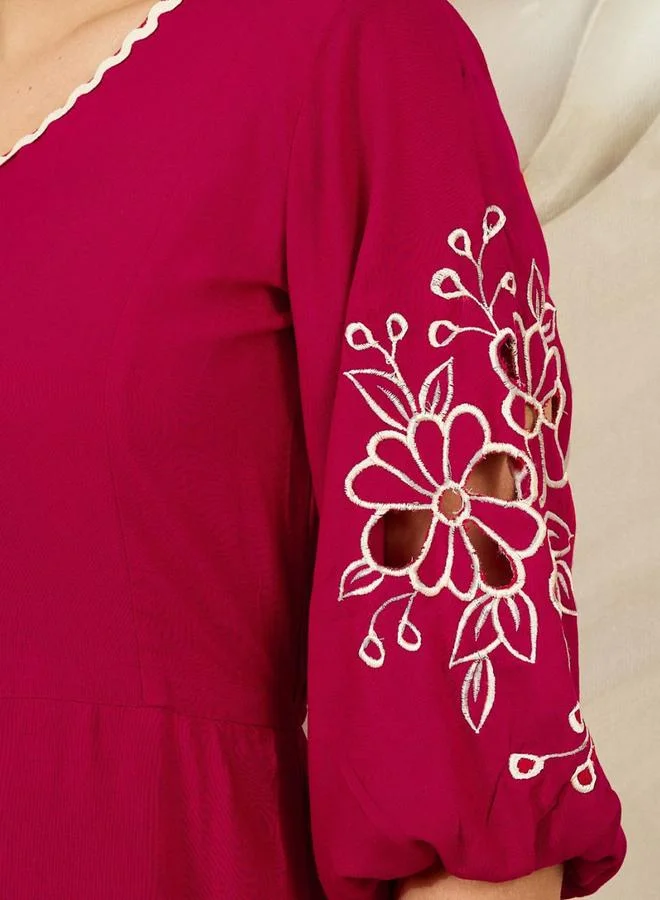 Athena Magenta Embroidered Sleeve Midi Dress