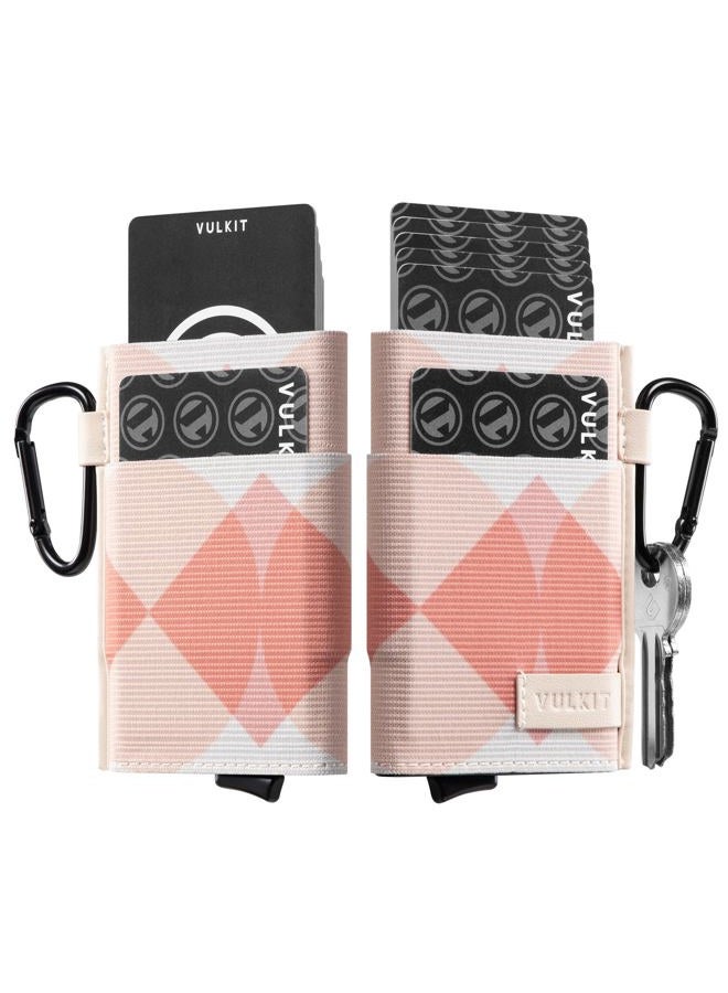 VULKIT Slim Wallet for Men and Women, Pop up Credit Card holder Metal Case RFID Blocking with Keychain and Elastic Pocket (Rhombic Pink) - Image 1