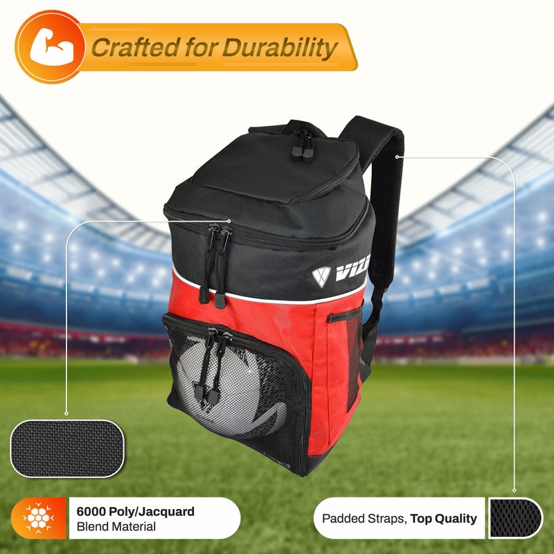 Vizari Soccer Backpack Soccer Bag | Water resistant Durable Equipment Bag for Football, Basketball, Volleyball | Cleats and Ball Compartment - Red,Blue,Black - Image 2
