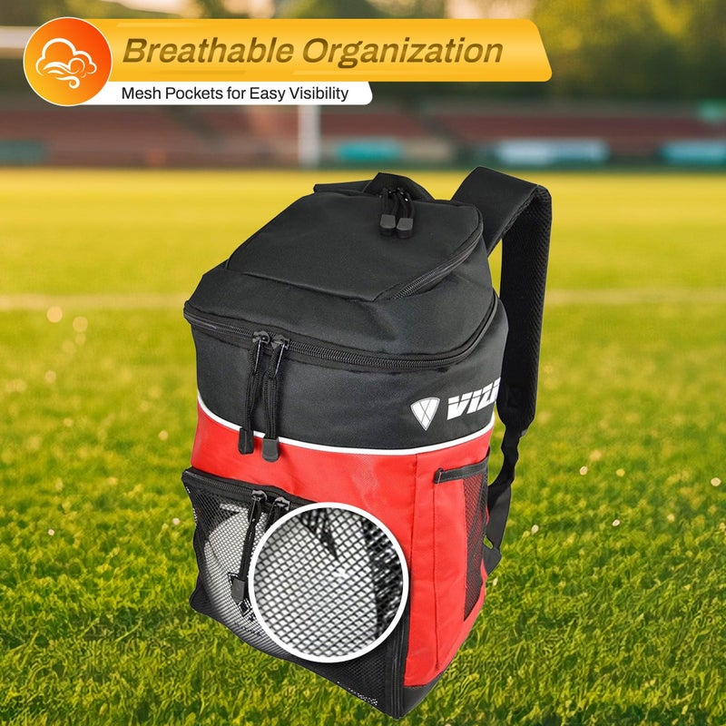Vizari Soccer Backpack Soccer Bag | Water resistant Durable Equipment Bag for Football, Basketball, Volleyball | Cleats and Ball Compartment - Red,Blue,Black - Image 3