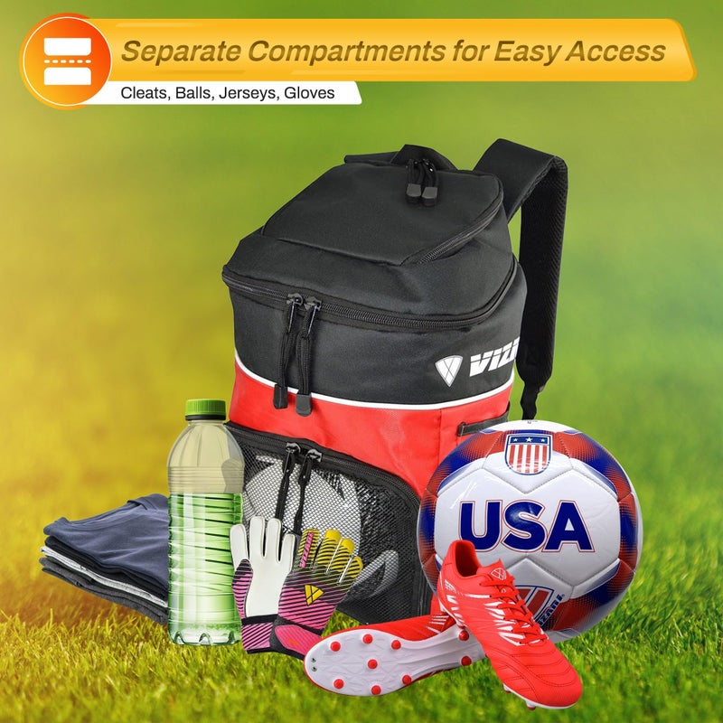 Vizari Soccer Backpack Soccer Bag | Water resistant Durable Equipment Bag for Football, Basketball, Volleyball | Cleats and Ball Compartment - Red,Blue,Black - Image 4
