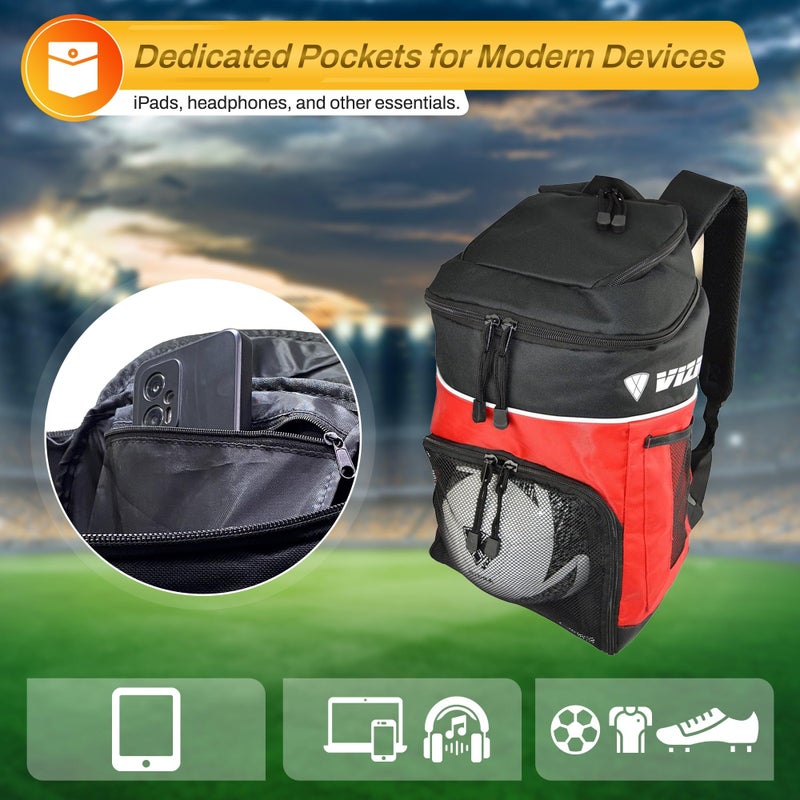 Vizari Soccer Backpack Soccer Bag | Water resistant Durable Equipment Bag for Football, Basketball, Volleyball | Cleats and Ball Compartment - Red,Blue,Black - Image 5