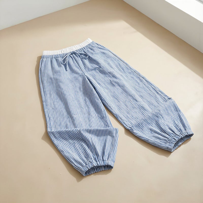 Striped Linen Blend Wide Leg Pants Elastic Waist Drawstring Casual Trousers S Pink - Image 3