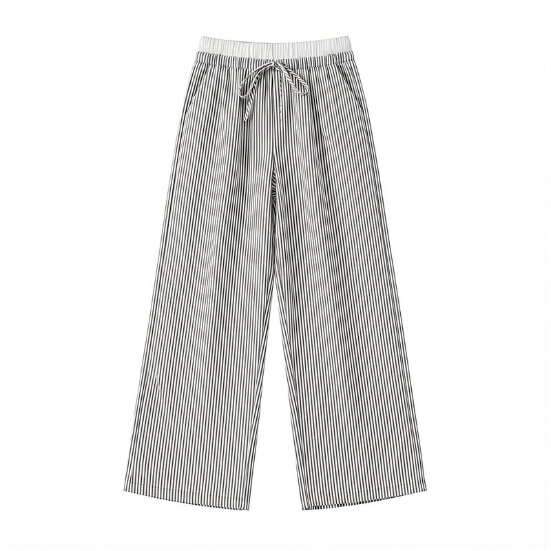 Striped Linen Blend Wide Leg Pants Elastic Waist Drawstring Casual Trousers S Pink - Image 1