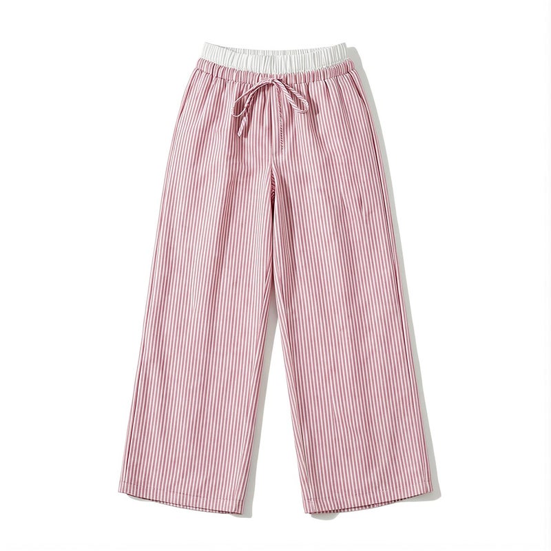 Striped Linen Blend Wide Leg Pants Elastic Waist Drawstring Casual Trousers S Pink - Image 2