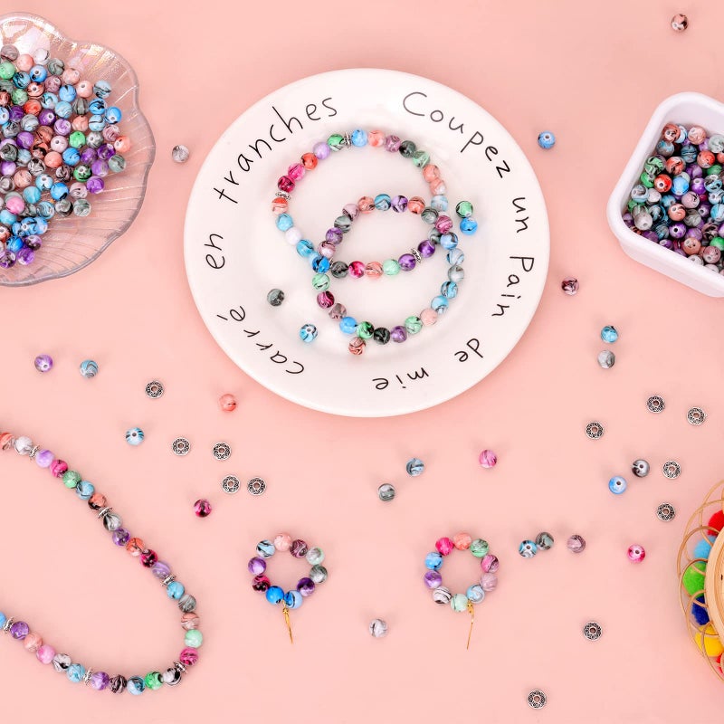 Quefe 500pcs Craft Beads for Jewelry Making, for Bracelets Making,Space Acrylic Beads in Ink Patterns with 50pcs Spacer Beads and Crystal String (8mm) - Image 5