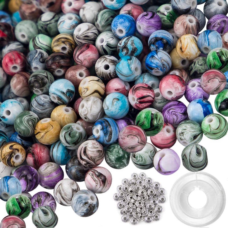 Quefe 500pcs Craft Beads for Jewelry Making, for Bracelets Making,Space Acrylic Beads in Ink Patterns with 50pcs Spacer Beads and Crystal String (8mm) - Image 1
