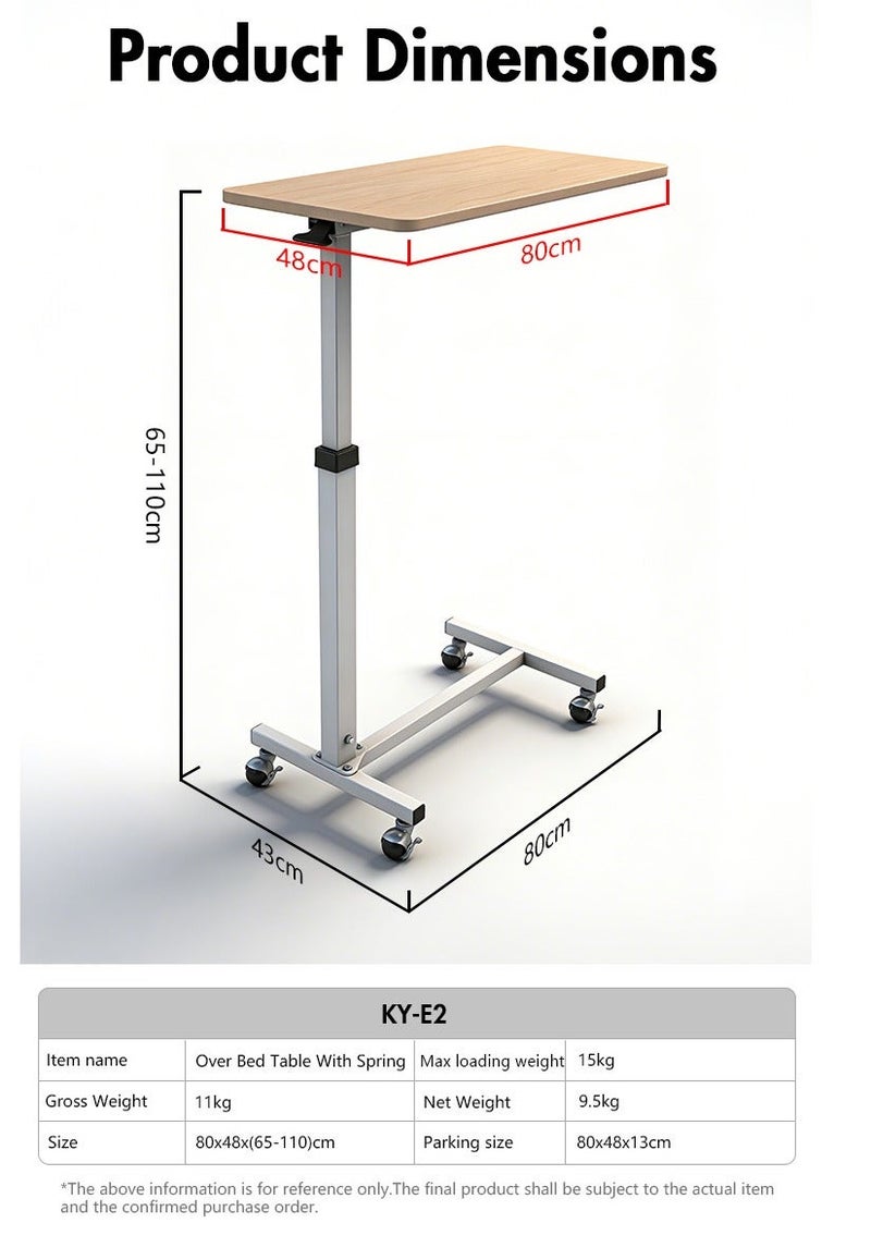 Kaiyang KY-E2 Overbed Sickness Table, Height Adjustable Hydraulically (65-110 cm) with Wheels - Wooden Surface 80×48 cm for Home and Hospitals. - Image 2