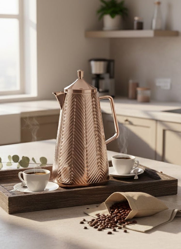 GAZELLA Plastic Tea/Coffee Flask 1 Liter Metallic Copper with Borosilicate Glass Inside - Image 1