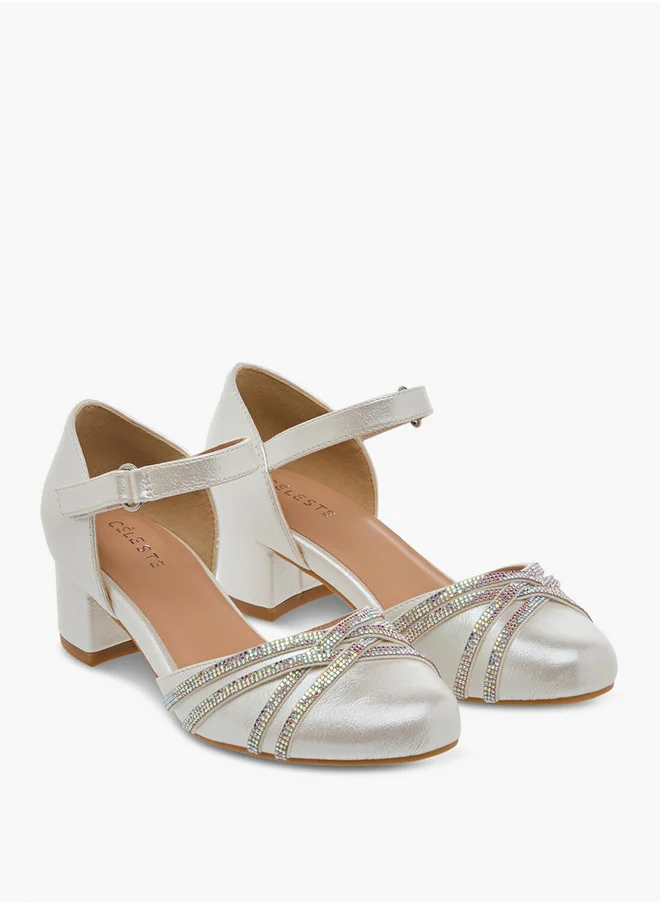 سيليست Girls Embellished Block Heel Shoes with Hook and Loop Closure