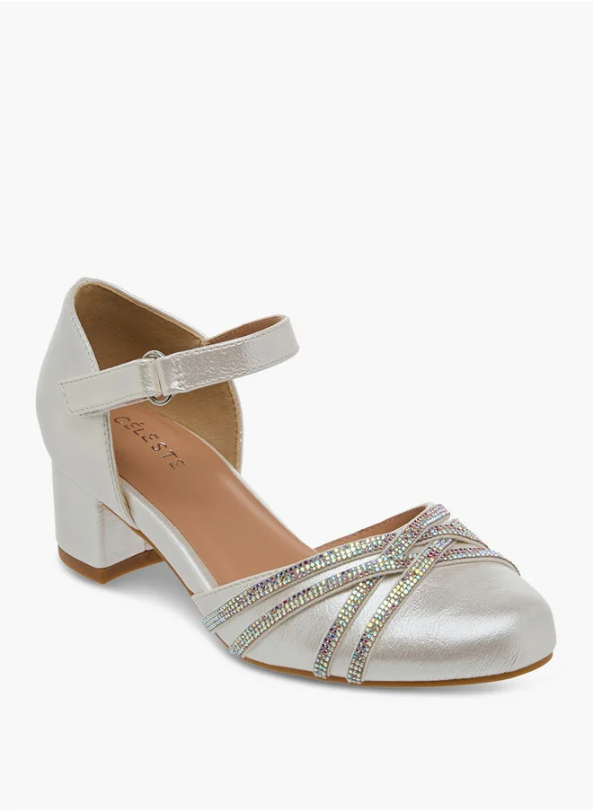 سيليست Girls Embellished Block Heel Shoes with Hook and Loop Closure