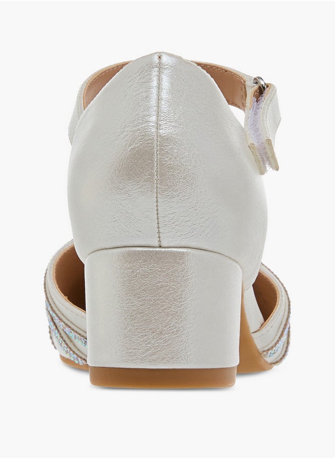 Celeste Girls Embellished Block Heel Shoes with Hook and Loop Closure  - Image 5