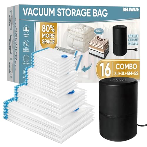 SELLWIZE Vacuum Storage Bags with Electric Pump, 16 Pack (3 Jumbo/3 Large/5 Medium/5 Small), Space Saver Bags with Pump, Storage Vacuum Sealed Bags for Clothes, Comforters, Blankets, Bedding - Image 1