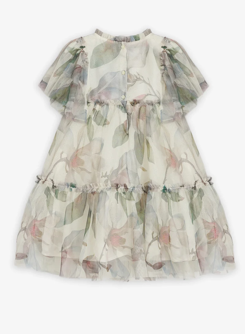 ريبلز مع نمشي Girls Floral Ruffle Sleeve Tulle Party Dress