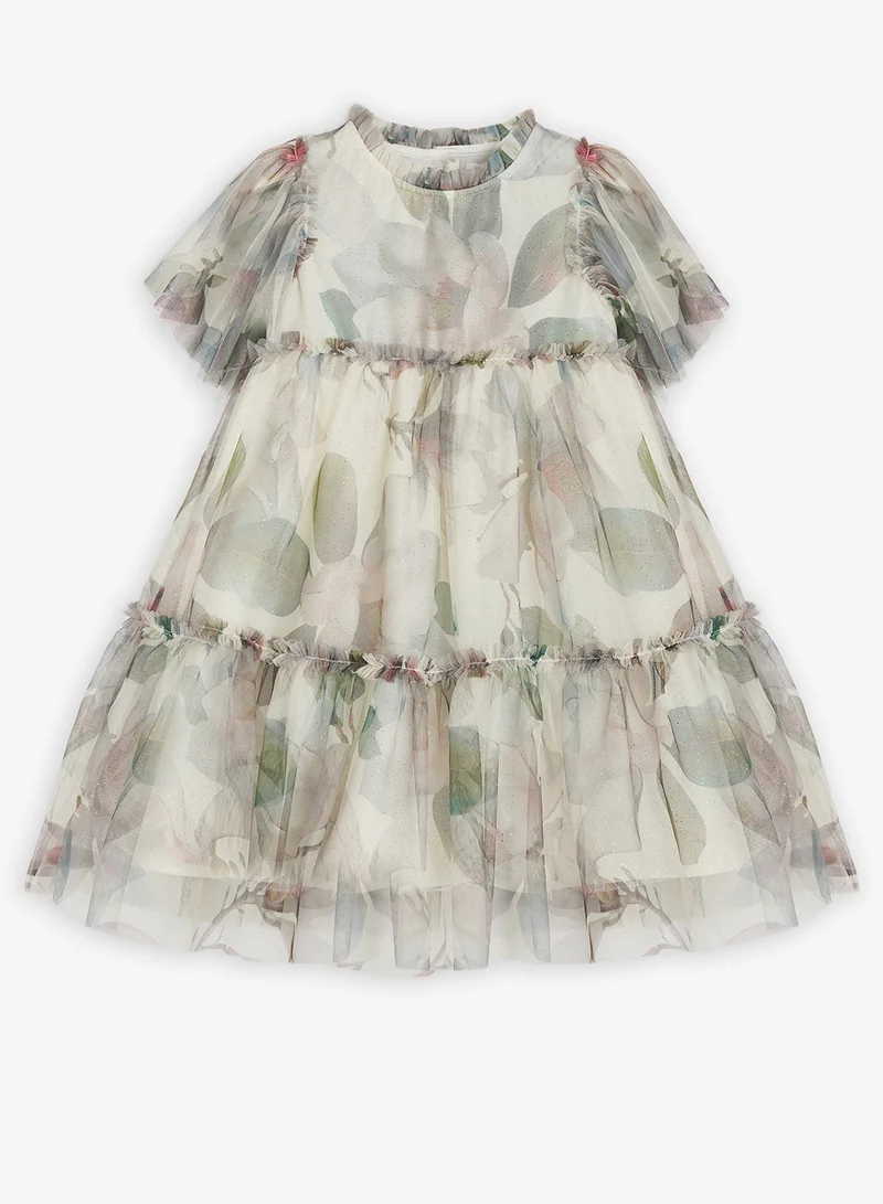 ريبلز مع نمشي Girls Floral Ruffle Sleeve Tulle Party Dress