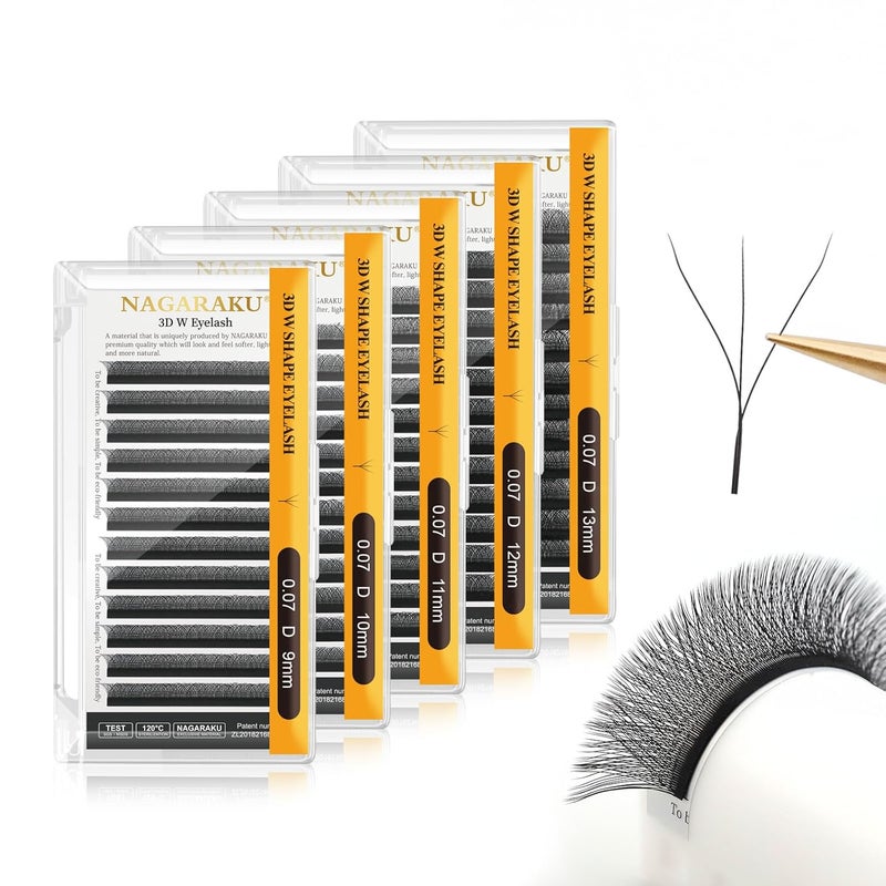 NAGARAKU 3D W Shape Eyelash Extension 5 Trays in 1 pack Volume 0.07mm D curl 9/10/11/12/13mm Premade Fans Faux Mink Matte Black Cluster Easy Fanning False Lashes