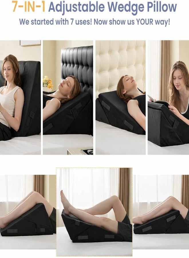 CUSHIO وسادة إسفينية قابلة للتعديل من إسفنج الذاكرة من كوشيو لدعم الظهر، تصميم متعدد الاستخدامات 7 في 1 للنوم والرفع ودعم الساق مع غطاء قابل للإزالة (أسود) - Image 4