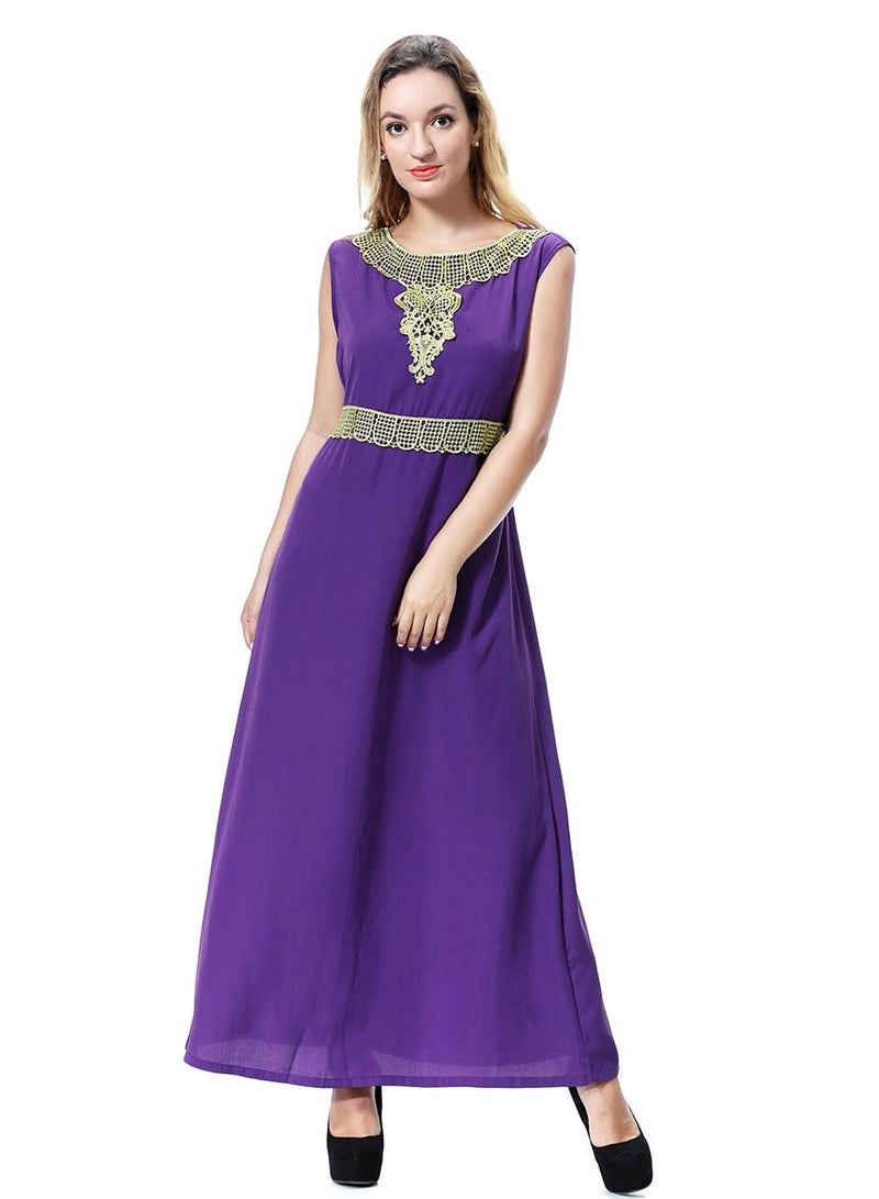Loquat Women's Round Neck Sleeveless Applique Maxi Long Casual Dress Robe With Belt Purple/Gold  - Image 1