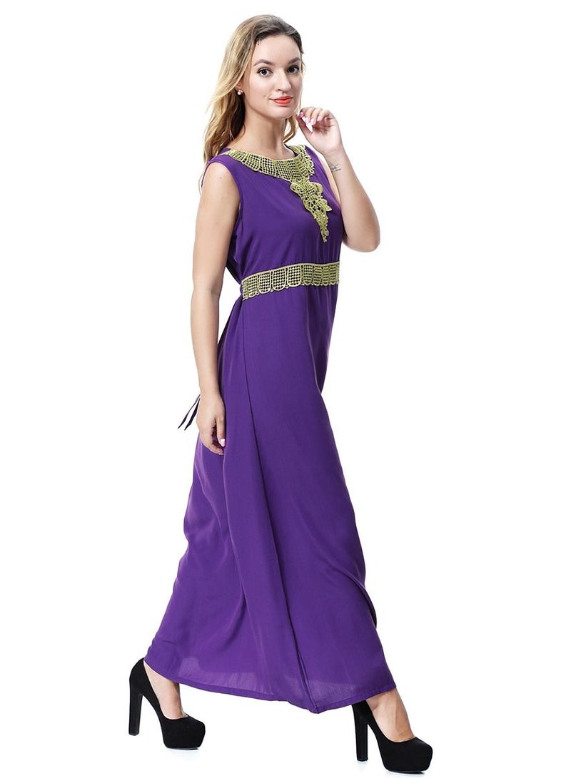 Loquat Women's Round Neck Sleeveless Applique Maxi Long Casual Dress Robe With Belt Purple/Gold  - Image 2