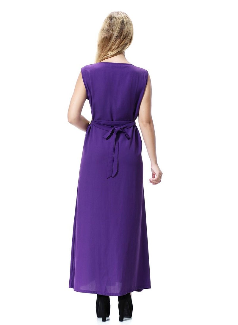 Loquat Women's Round Neck Sleeveless Applique Maxi Long Casual Dress Robe With Belt Purple/Gold  - Image 3