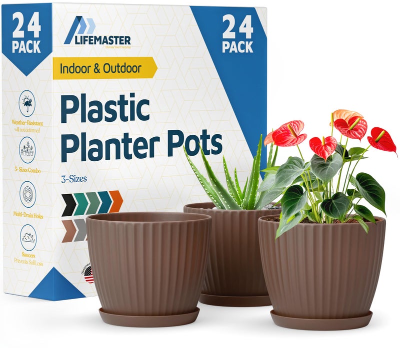 LifeMaster Brown 6-Inch Plant Pots with Drainage & Saucers 24 Pack, Indoor & Outdoor Planters for Houseplants, Herbs, and Flowers, Durable & Weatherproof Material, Stackable, Lightweight, Minimalist Design - Image 1