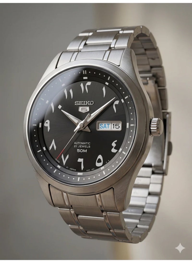 Seiko 5 سايكو 5 SNKP21J1 ساعة أوتوماتيكية للرجال بقرص عربي أسود سوار من الفولاذ المقاوم للصدأ 21 جوهرة مقاومة للماء - Image 4