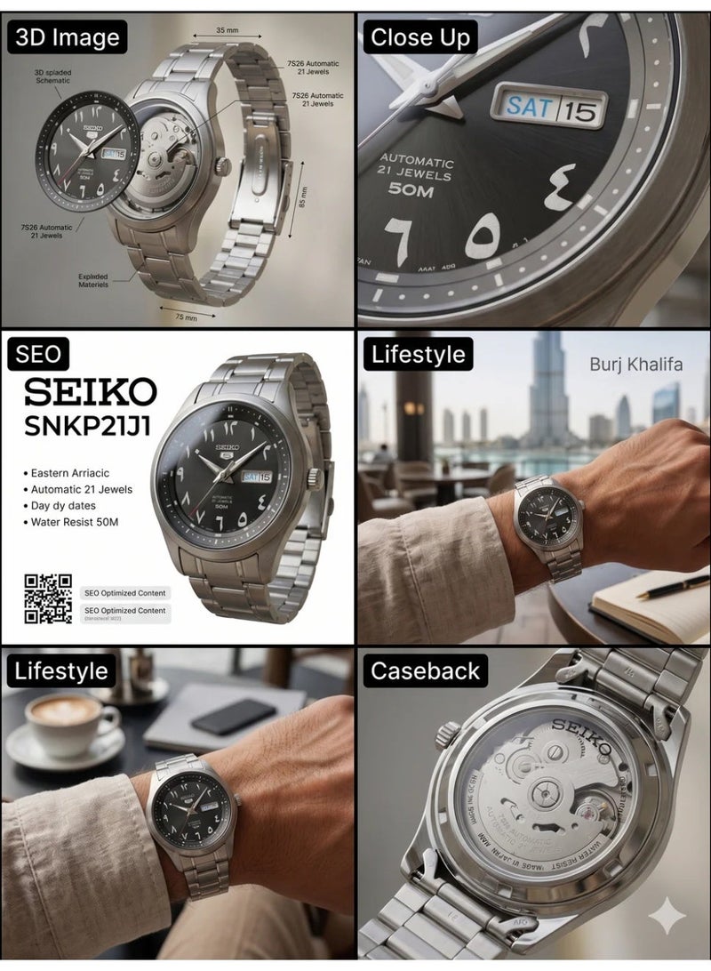 Seiko 5 سايكو 5 SNKP21J1 ساعة أوتوماتيكية للرجال بقرص عربي أسود سوار من الفولاذ المقاوم للصدأ 21 جوهرة مقاومة للماء - Image 5