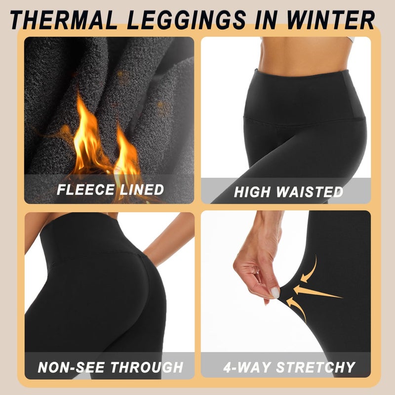MOREFEEL 3 Pack Thermal Fleece Lined Leggings Women,High Waisted Tummy Control Warm Winter Yoga Workout Thick Pants Black/Black/Black - Image 5