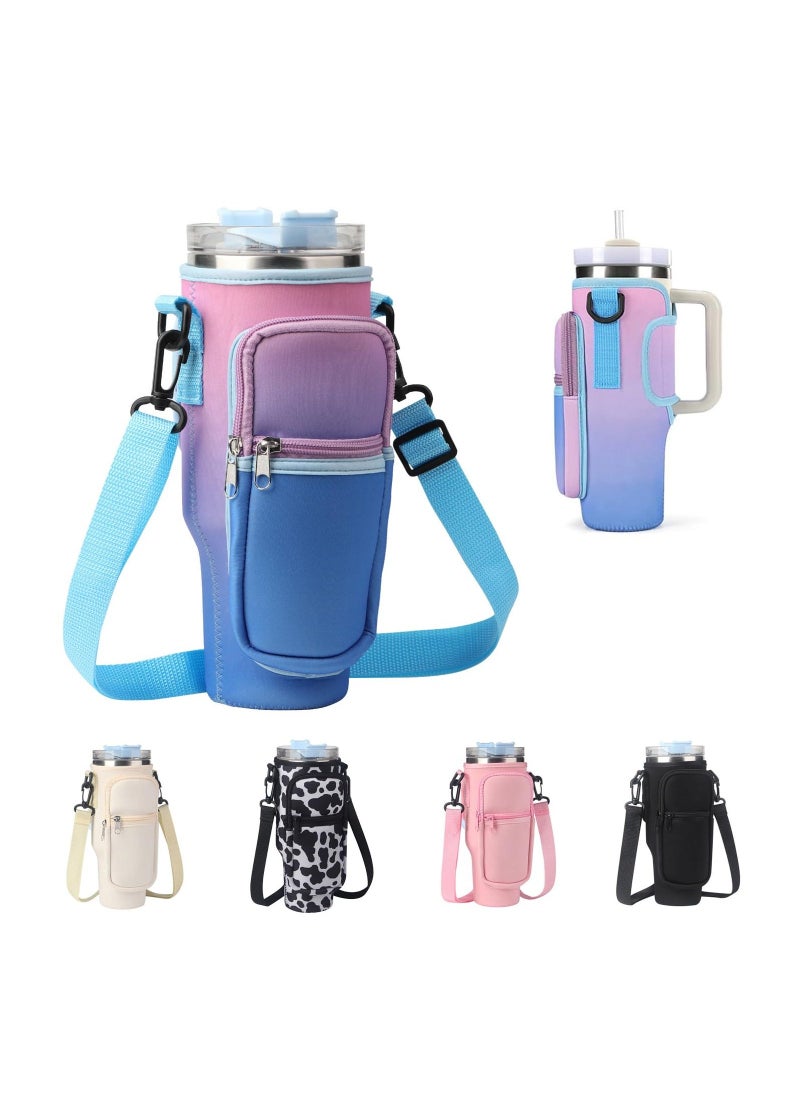 Water Bottle Carrier Bag for Stanley 40 Oz Tumbler, Water Bottle Holder with Shoulder Strap and Phone Pocket, Stanley Accessories for Walking Hiking Travelling, Gradient Purple  - Image 1