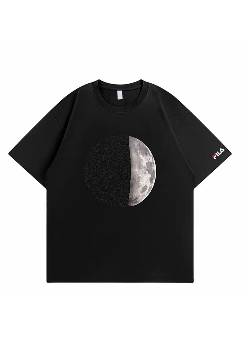 FILA Galaxy Half Moon Planet Printed Couple Summer Cotton Loose Short Sleeve T-shirts for men and women - Image 3