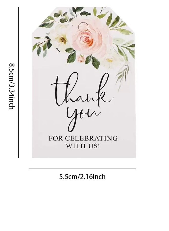 Paper thank-you cards with the phrase Thank you for celebrating with us, decorated with a lovely floral design. Set of 25 cards to attach to gifts and favors for weddings, engagements, bridal shower - Image 4