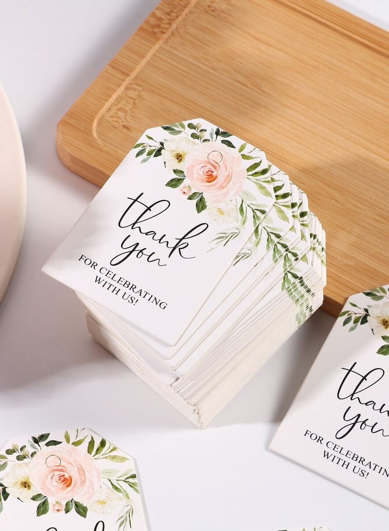 Paper thank-you cards with the phrase Thank you for celebrating with us, decorated with a lovely floral design. Set of 25 cards to attach to gifts and favors for weddings, engagements, bridal shower - Image 1