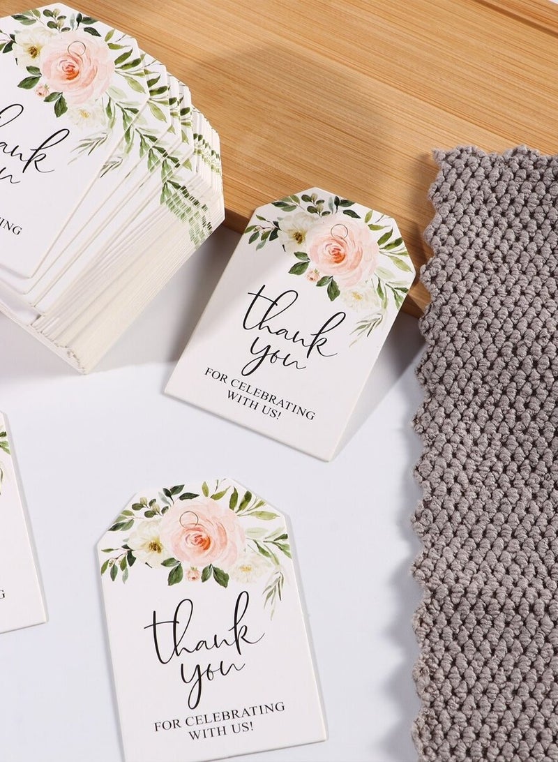 Paper thank-you cards with the phrase Thank you for celebrating with us, decorated with a lovely floral design. Set of 25 cards to attach to gifts and favors for weddings, engagements, bridal shower - Image 3