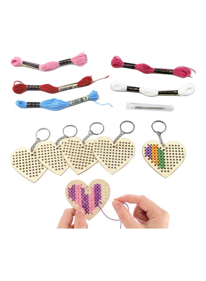 NIBEMINENT 5-Piece Heart Cross Stitch Embroidery Key Ring with Thread and Needle Multicolour 7 x 6.5 0.2cm - Image 1